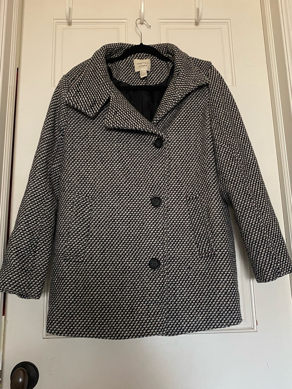 Forever 21 Black & White Houndstooth Tweed Pea Coat Jacket Size Large